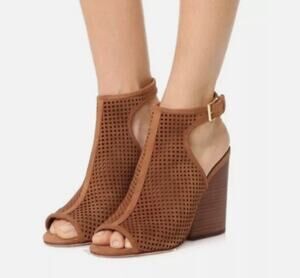 Tory Burch Women 7 Tan Jessie Perforated Suede High Heel Open Toe Strappy Bootie